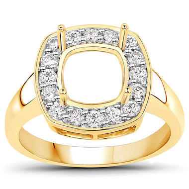 0.48 Carat Genuine White Diamond 14K Yellow Gold Semi Mount Ring - holds 8x8mm Cushion Gemstone - 0