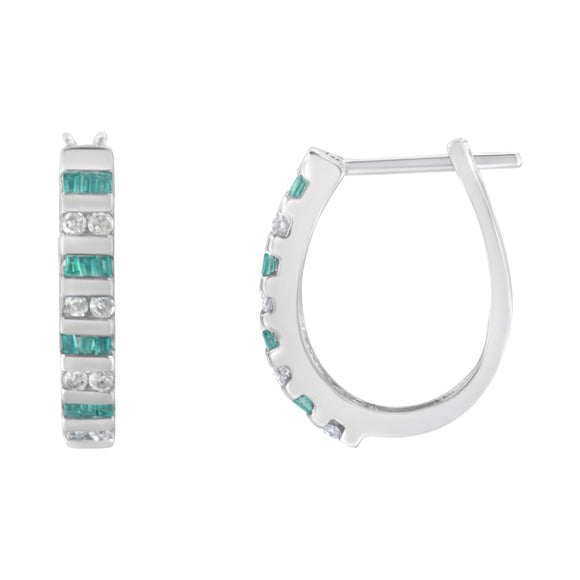 10k White Gold Round and Blue Baguette 1/2 cttw Diamond Hoop Earrings (I-J Color, I2-I3 Clarity)