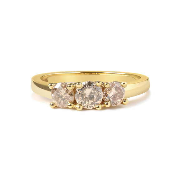10K Yellow Gold 1.00 Cttw Champagne Diamond 3-Stone Band Ring (J-K Color, I1-I2 Clarity)  - Size 7