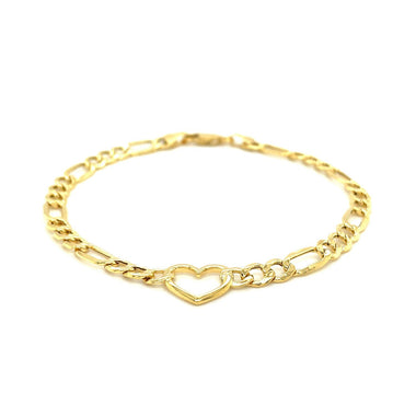14k Yellow Gold 7 inch Figaro Chain Bracelet with Heart - 0