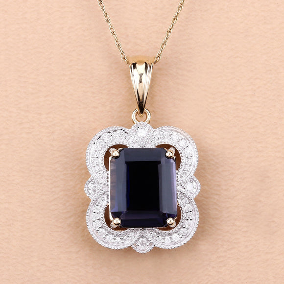 4.07 Carat Genuine Iolite and White Diamond 14K Yellow Gold Pendant