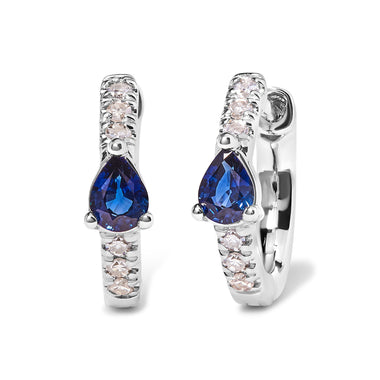 10K White Gold Pear Shaped Blue Sapphire and 1/10 Cttw Diamond Huggy Hoop Earrings (H-I Color, I1-I2 Clarity) - 0