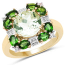 14K Yellow Gold Plated 5.36 Carat Genuine Green Amethyst, Chrome Diopside & White Topaz .925 Sterling Silver Ring-1