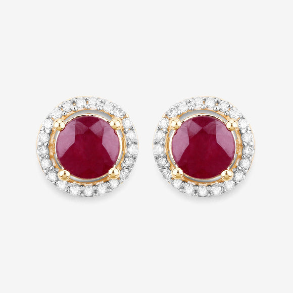 1.22 Carat Genuine Ruby and White Diamond 14K Yellow Gold Earrings