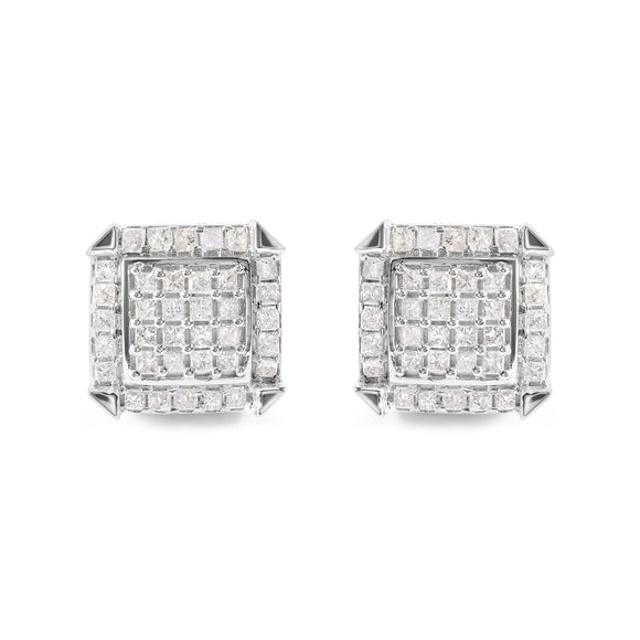 10K White Gold 1 1/10 Cttw Princess Diamond Composite and Halo Stud Earrings (I-J Color, I1-I2 Clarity)