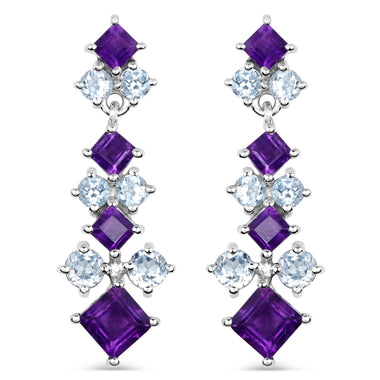 4.94 Carat Genuine Amethyst & Blue Topaz .925 Sterling Silver Earrings - 0