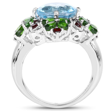 5.76 Carat Genuine Blue Topaz, Chrome Diopside & Garnet .925 Sterling Silver Ring - 0