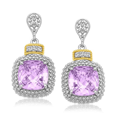 18k Yellow Gold & Sterling Silver Cushion Amethyst & Diamond Earrings (.05cttw) - 0