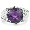 3.27 Carat Genuine Amethyst, Chrome Diopside & Black Diamond .925 Sterling Silver Ring-3
