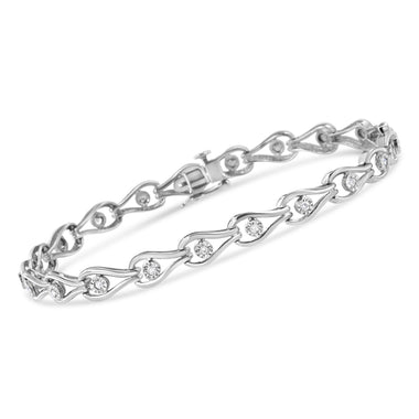 .925 Sterling Silver 1/10 Cttw Miracle-Set Diamond Pear Shape and Bezel Link Bracelet (I-J Color, I3 Clarity) - 7.25" - 0