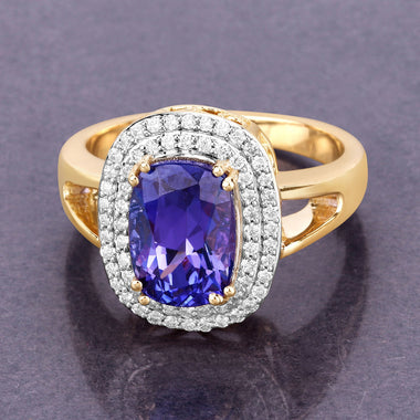 3.33 Carat Genuine Tanzanite and White Diamond 14K Yellow Gold Ring - 0