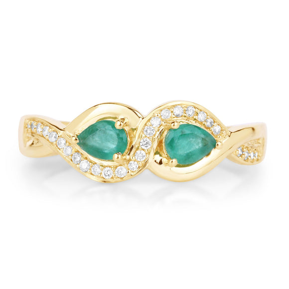 0.35 Carat Genuine Zambian Emerald and White Diamond 14K Yellow Gold Ring