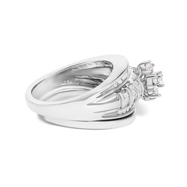 14K White Gold 1.0 Cttw Round and Baguette Diamond Cluster Bridal Set - 0