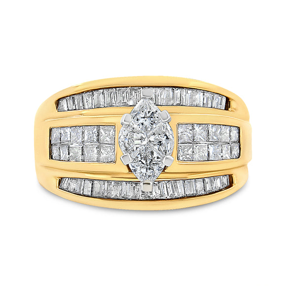 14K Yellow Gold 1 1/2 Cttw Pie, Princess and Baguette-cut Diamond Marquise Shaped Engagement Cocktail Ring Band (H-I Color, I1-I2 Clarity) - Ring Size 7