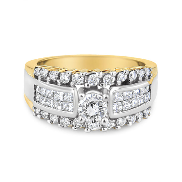 14K Yellow and White Gold 1 1/2 Cttw Round and Princess-Cut Diamond Band Ring (H-I Color, SI2-I Clarity)