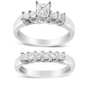 14K White Gold 1 1/2 Cttw 5 Stone Princess Diamond Engagement Wedding Ring Set (H-I Color, SI2-I1 Clarity) - Ring Size 7-7