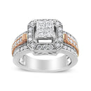 14K White and Rose Gold 1 1/8 Cttw Princess and Round-Cut Diamond Art Deco Style Triple Shank Halo Cocktail Ring (I-J Color, SI2-I1 Clarity) - Size 7-5