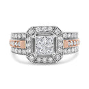 14K White and Rose Gold 1 1/8 Cttw Princess and Round-Cut Diamond Art Deco Style Triple Shank Halo Cocktail Ring (I-J Color, SI2-I1 Clarity) - Size 7-6