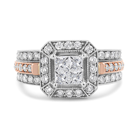 14K White and Rose Gold 1 1/8 Cttw Princess and Round-Cut Diamond Art Deco Style Triple Shank Halo Cocktail Ring (I-J Color, SI2-I1 Clarity) - Size 7
