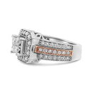 14K White and Rose Gold 1 1/8 Cttw Princess and Round-Cut Diamond Art Deco Style Triple Shank Halo Cocktail Ring (I-J Color, SI2-I1 Clarity) - Size 7-7