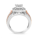14K White and Rose Gold 1 1/8 Cttw Princess and Round-Cut Diamond Art Deco Style Triple Shank Halo Cocktail Ring (I-J Color, SI2-I1 Clarity) - Size 7-8