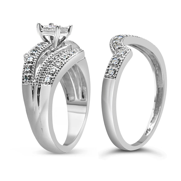 .925 Sterling Silver 1/3 Cttw Round Diamond Crisscross Engagement Ring Bridal Set (H-I Color, I1-I2 Clarity ) - Size 7