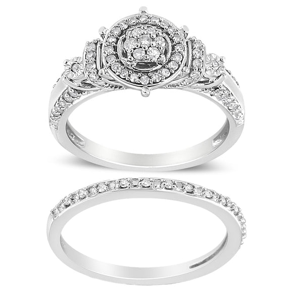 .925 Sterling Silver 1/3 Cttw Diamond 7 Stone Cluster and Halo Engagement Ring and Wedding Band Set (I-J Color, I1-I2 Clarity) - Size 7