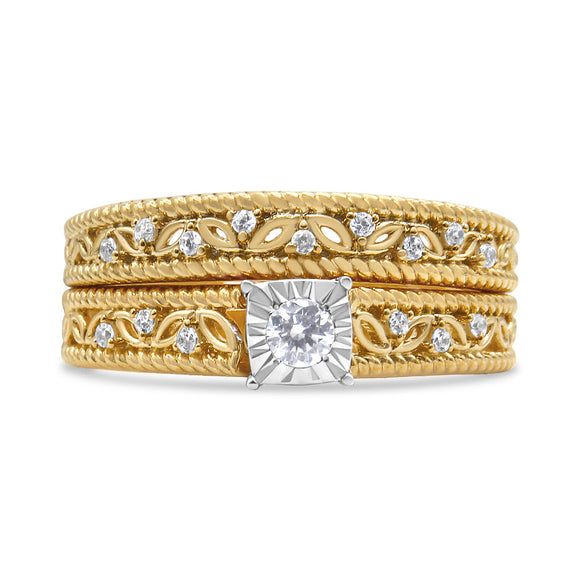 14K Yellow Gold Plated .925 Sterling Silver 1/5 Cttw Diamond Art Deco Style Engagement Ring Bridal Set (I-J Color, I3 Clarity) - Ring Size 7