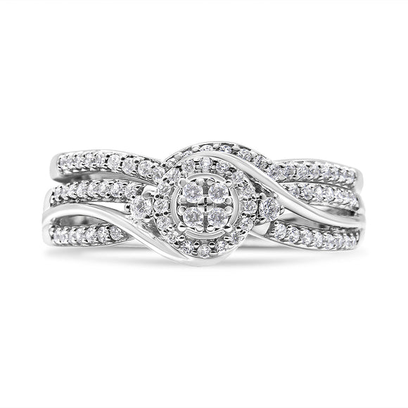 .925 Sterling Silver 1/3 Cttw Composite Diamond Frame Bypass Bridal Set Ring and Band (I-J Color, I2-I3 Clarity) - Ring Size 7