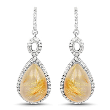 10.04 Carat Genuine Golden Rutile And White Topaz .925 Sterling Silver Earrings - 0
