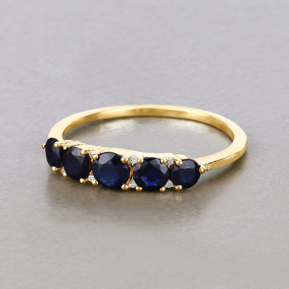 1.05 Carat Genuine Blue Sapphire and White Diamond 14K Yellow Gold Ring
