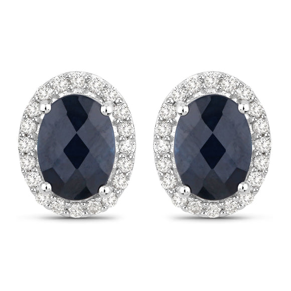 2.16 Carat Genuine Blue Sapphire and White Diamond 14K White Gold Earrings