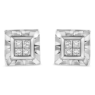 .925 Sterling Silver 1/6 Cttw Invisible Set Princess-Cut Diamond Quad Composite Stud Earrings (H-I Color, I1-I2 Clarity)