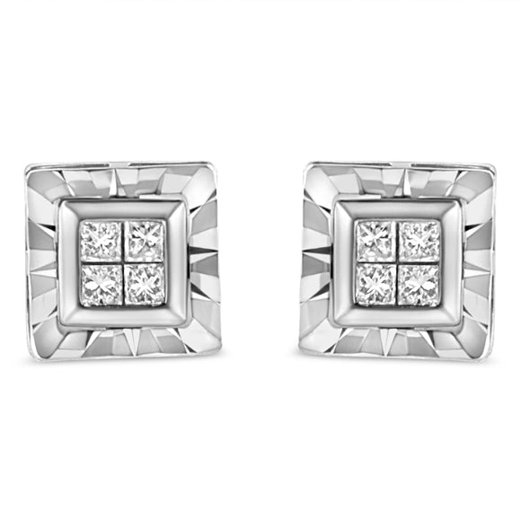 .925 Sterling Silver 1/6 Cttw Invisible Set Princess-Cut Diamond Quad Composite Stud Earrings (H-I Color, I1-I2 Clarity)