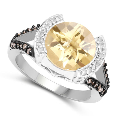 3.64 Carat Genuine Citrine, Champagne Diamond and White Diamond .925 Sterling Silver Ring - 0