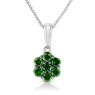 .925 Sterling Silver 1/2 Cttw Prong Set Treated Green Diamond Floral Cluster 18" Pendant Necklace (Green Color, I1-I2 Clarity) - 0