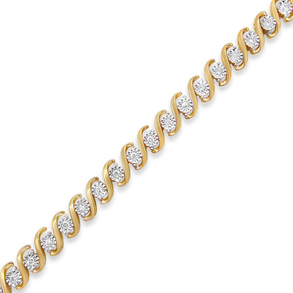 14K Yellow Gold Plated .925 Sterling Silver 1/2 Cttw Round Miracle-Set Diamond S-Curve Tennis Bracelet (I-J Color, I3 Clarity) - 7"