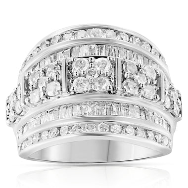 .925 Sterling Silver 2.0 Cttw Round & Baguette Cut Diamond Multi-Row Channel Set Tapered Cocktail Fashion Ring (I-J Color, I3 Clarity) - Size 7 - 0