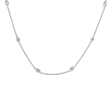 14K White Gold 1.00 Cttw Bezel Set Round Diamond Marquise Shaped Milgrain Station 18" Collar Necklace (G-H Color, SI1-SI2 Clarity)
