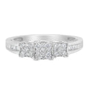 10K White Gold 1/2 Cttw Brilliant & Baguette Cut Diamond 3 Stone Design with 3 Square Clusters Engagement Ring (H-I Color, SI2-I1 Clarity) - Size 6-3/4-3