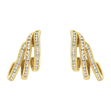 10K Yellow Gold 1.0 Cttw Round Brilliant Cut Diamond Spiral Multi Row Channel Set Open Hoop Pushback Stud Earrings (H-I Color, I1-I2 Clarity) - 0