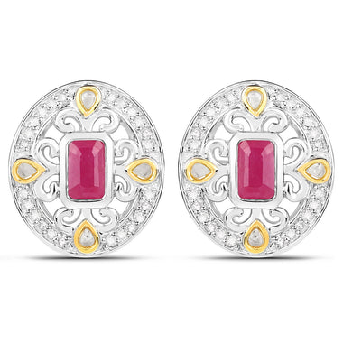 0.77 Carat Genuine Ruby and White Diamond .925 Sterling Silver Earrings