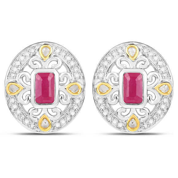 0.77 Carat Genuine Ruby and White Diamond .925 Sterling Silver Earrings