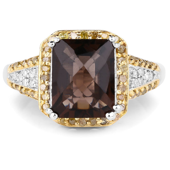 3.48 Carat Genuine Smoky Quartz, Yellow Diamond and White Diamond .925 Sterling Silver Ring