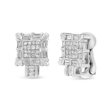 14K White Gold 1.0 Cttw Princess and Baguette-Cut Diamond Square Framed Huggie Hoop Omega Earrings (H-I Color, SI1-SI2 Clarity) - 0
