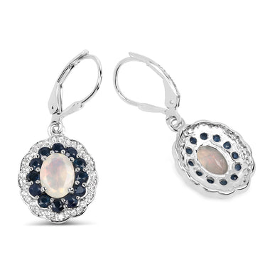 2.80 Carat Genuine Ethiopian Opal, Blue Sapphire and White Topaz .925 Sterling Silver Earrings - 0