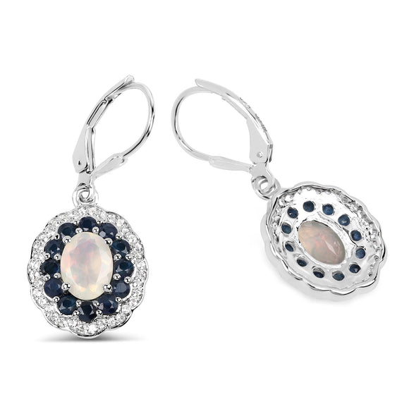 2.80 Carat Genuine Ethiopian Opal, Blue Sapphire and White Topaz .925 Sterling Silver Earrings