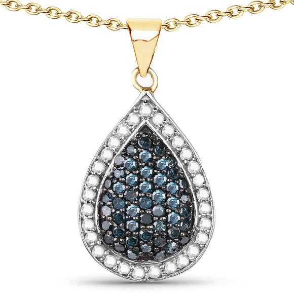 14K Yellow Gold Plated 0.81 Carat Genuine Blue Diamond and White Diamond .925 Sterling Silver Pendant