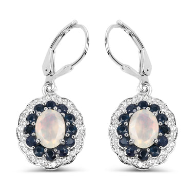 2.80 Carat Genuine Ethiopian Opal, Blue Sapphire and White Topaz .925 Sterling Silver Earrings