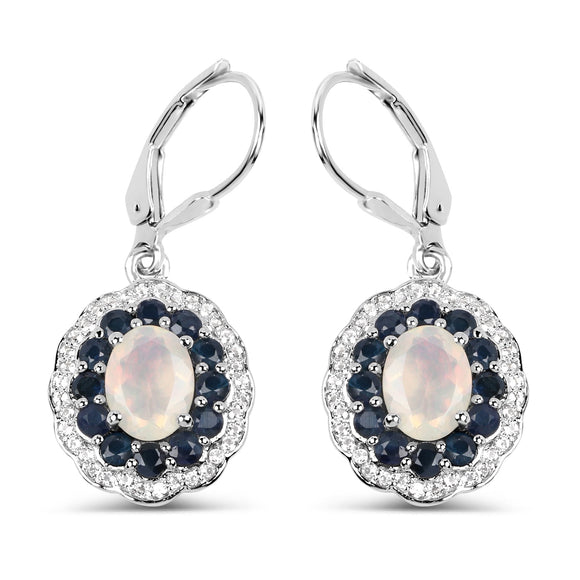 2.80 Carat Genuine Ethiopian Opal, Blue Sapphire and White Topaz .925 Sterling Silver Earrings